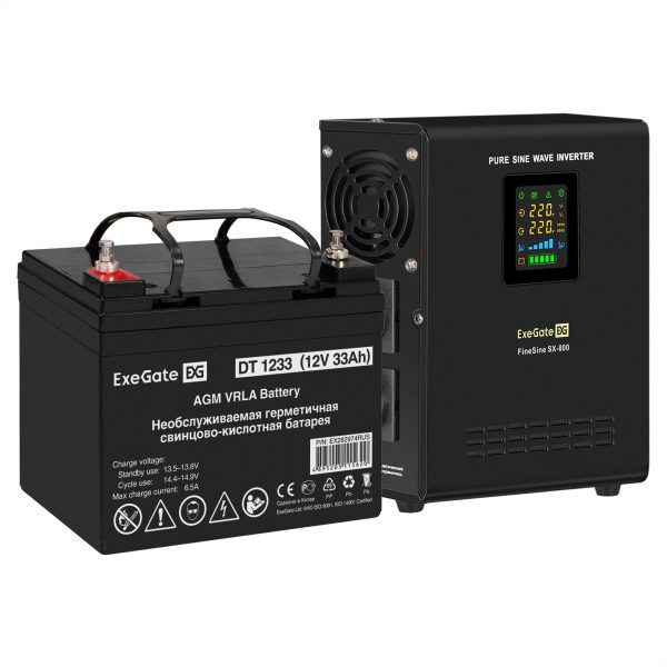 Комплект ИБП EX295996RUS + батарея 33Aч EX282974RUS 1шт (инвертор, синус, для котла, настенный) ExeGate FineSine SX-800.LCD.AVR.2SH  <EX296518RUS>