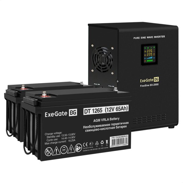 Комплект ИБП ExeGate FineSine SX-2000.LCD.AVR.2SH + Батарея 65Aч, 2 шт. ), 2шт. (EX296594RUS)