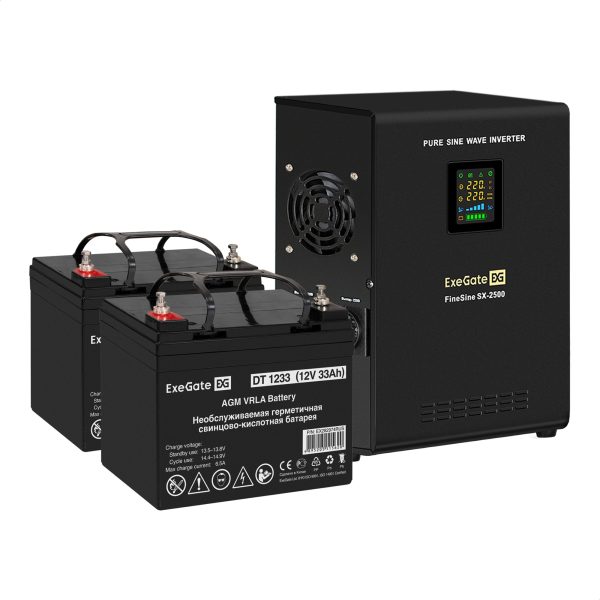 Комплект ИБП EX296002RUS + батарея 33Aч EX282974RUS 2шт (инвертор, синус, для котла, настенный) ExeGate FineSine SX-2500.LCD.AVR.2SH  <EX296610RUS>