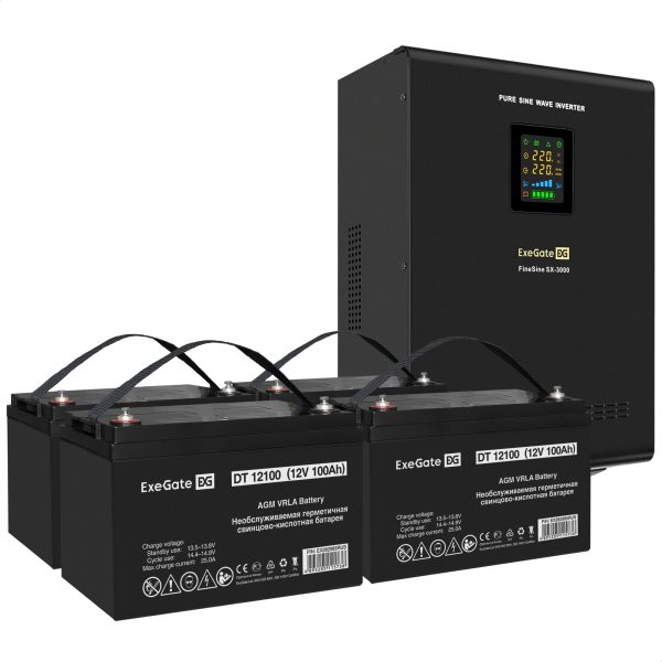 Комплект ИБП ExeGate FineSine SX-3000.LCD.AVR.2SH.T + Батарея 100Aч, 4 шт. ), 4шт. (EX296646RUS)