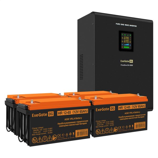 Комплект ИБП ExeGate FineSine SX-5000.LCD.AVR.2SH.T + Батарея 65Aч, 4 шт. ), 4шт. (EX296664RUS)