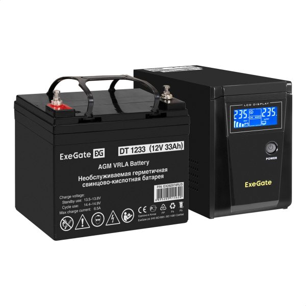 Комплект ИБП EX295986RUS + батарея 33Aч EX282974RUS 1шт (инвертор, синус, для котла) ExeGate SineTower SZ-600.LCD.AVR.1SH  <EX296768RUS>