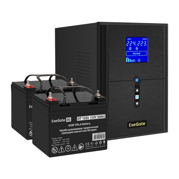 Комплект ИБП EX295989RUS + батарея 33Aч EX282974RUS 2шт (инвертор, синус, для котла) ExeGate SineTower SZ-2000.LCD.AVR.3SH.1C13.USB  <EX296837RUS>